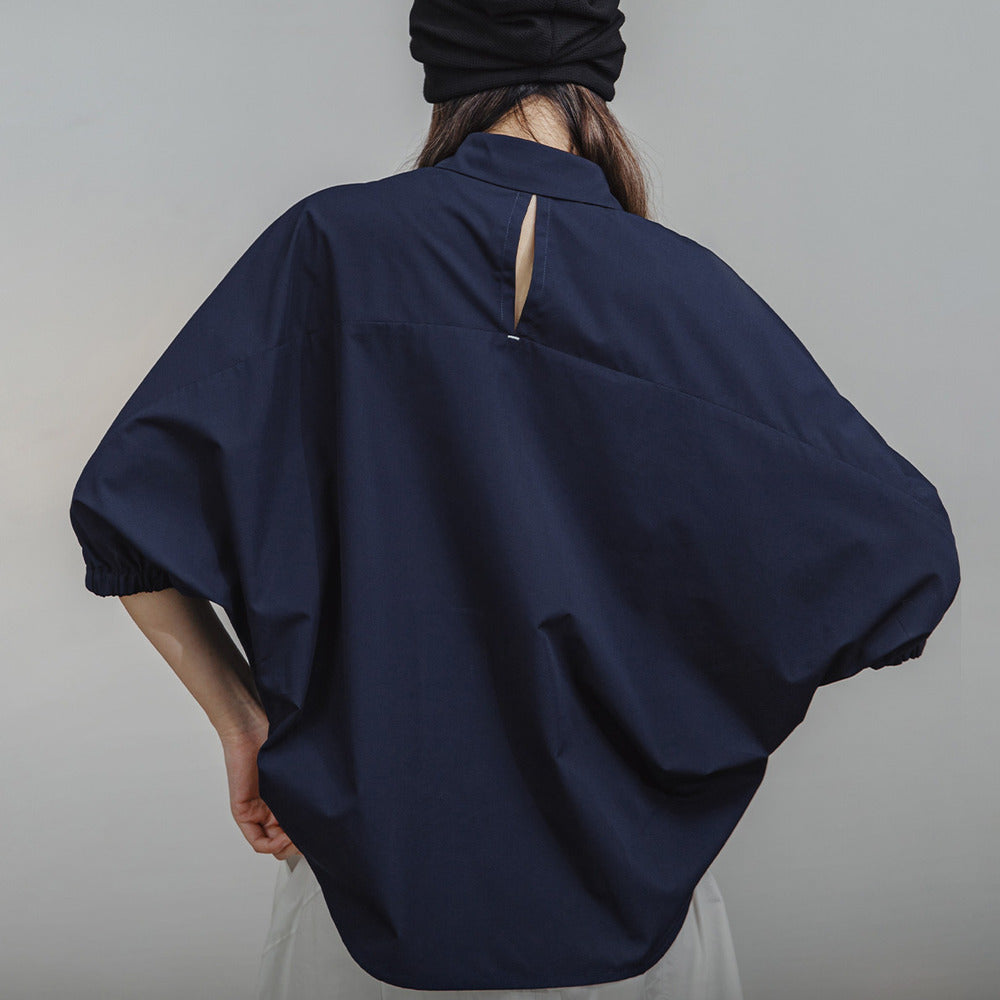 馬登女裝 美式襯衫七分袖寬鬆上衣蝙蝠袖休閒透氣立領外套可疊穿夏季女