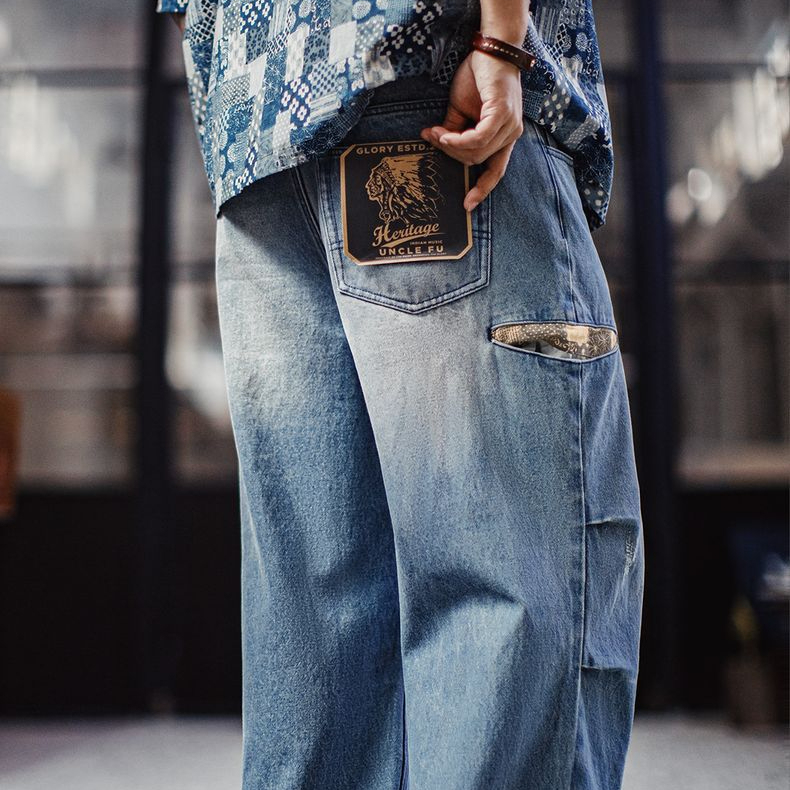 馬登工裝 美式復古闊腿寬松傘兵牛仔褲古布水洗破洞休閒褲男春