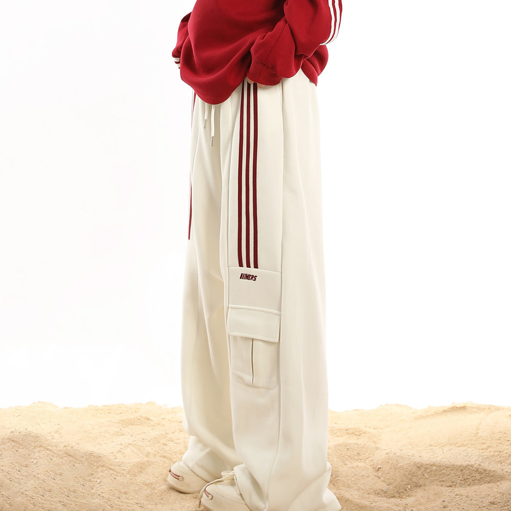 美式休閒運動衛褲女潮牌復古三條杠hiphop垂感闊腿工裝褲