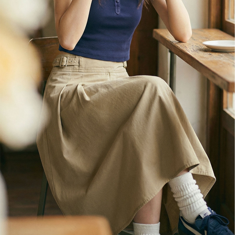 馬登女裝 復古卡其色廓爾格全棉百褶高腰A字大擺工裝傘裙子半身裙