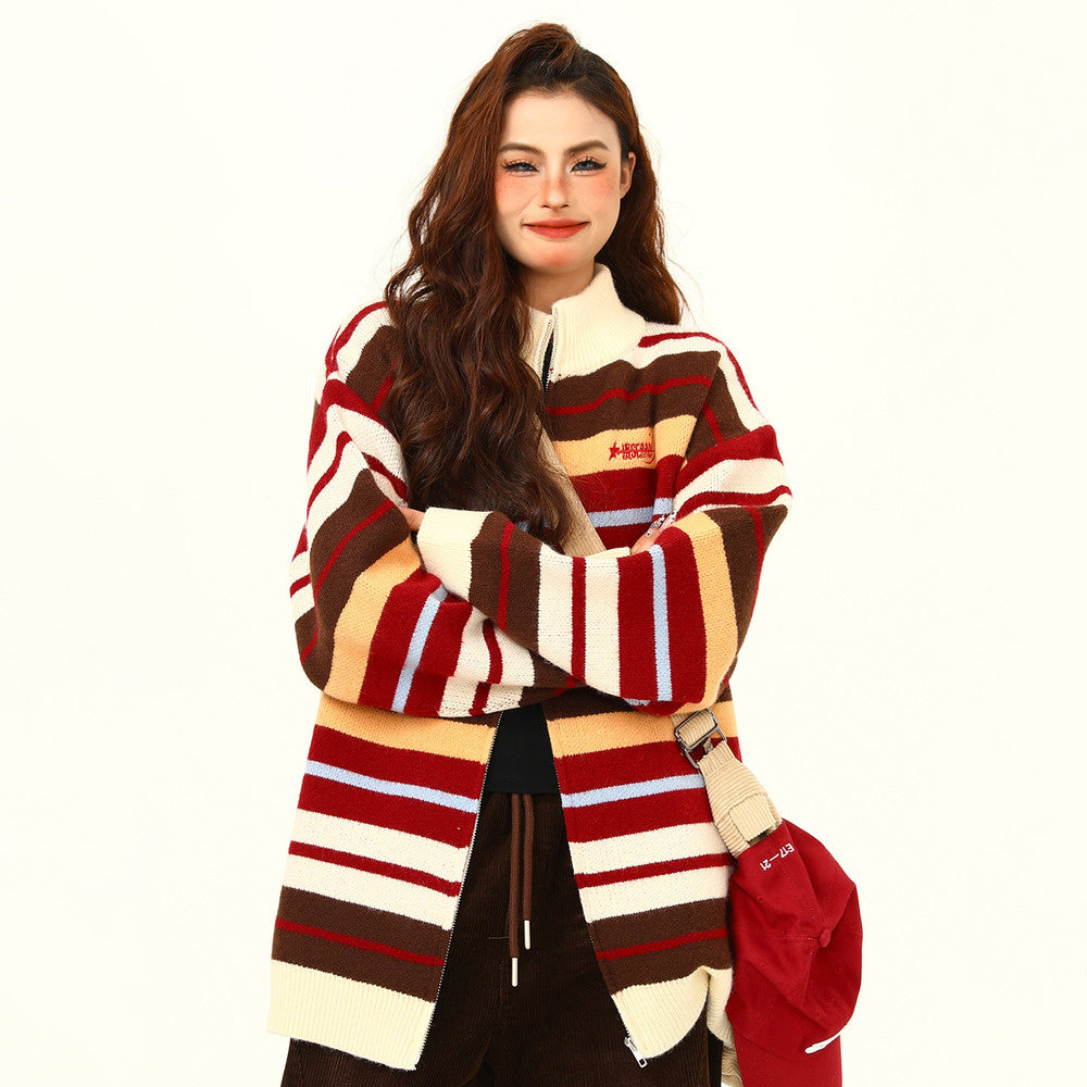 美式復古彩虹撞色針織衫半高領針織毛衣開衫寬鬆氛圍感外套