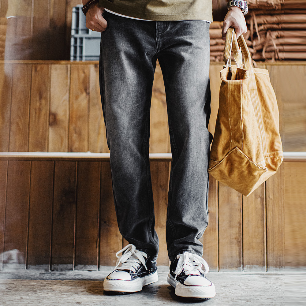 馬登工裝 美式休閒水洗做舊牛仔褲灰色直筒微錐蘿蔔褲長褲子男夏秋