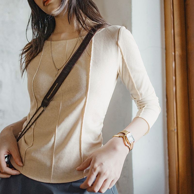 馬登女裝 大領口薄款針織正肩長袖T恤魚骨收腰修身上衣打底罩衫女士夏