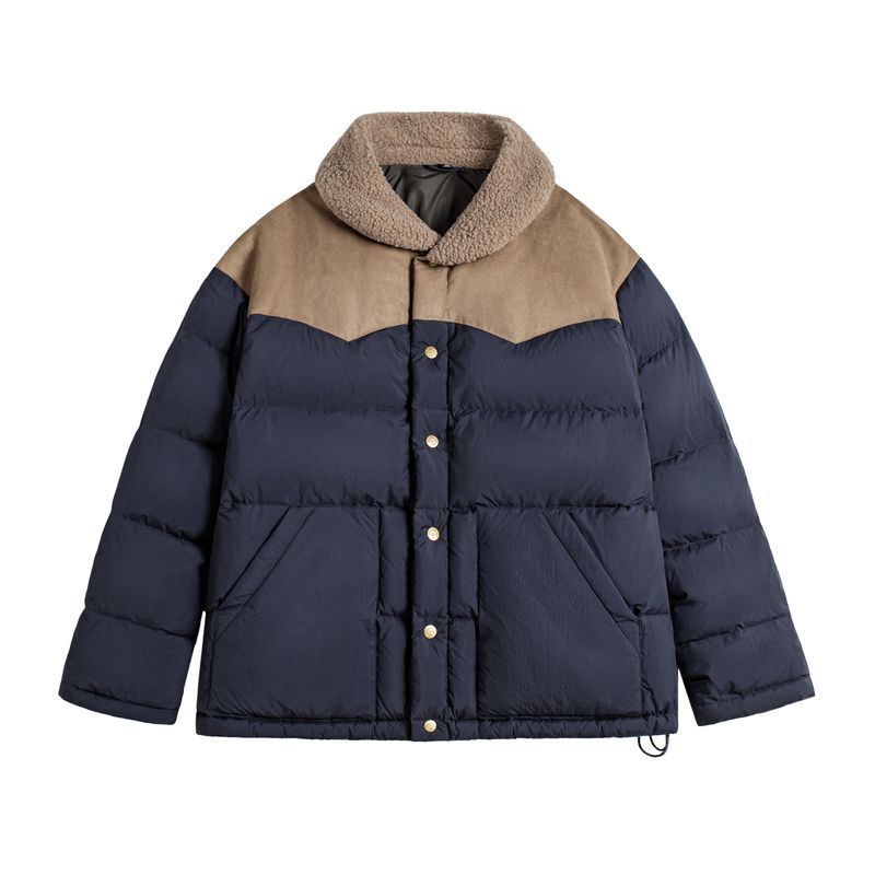 馬登女裝 90白鴨絨撞色麂皮拼接翻領加厚保暖工裝羽絨服夾克外套冬季