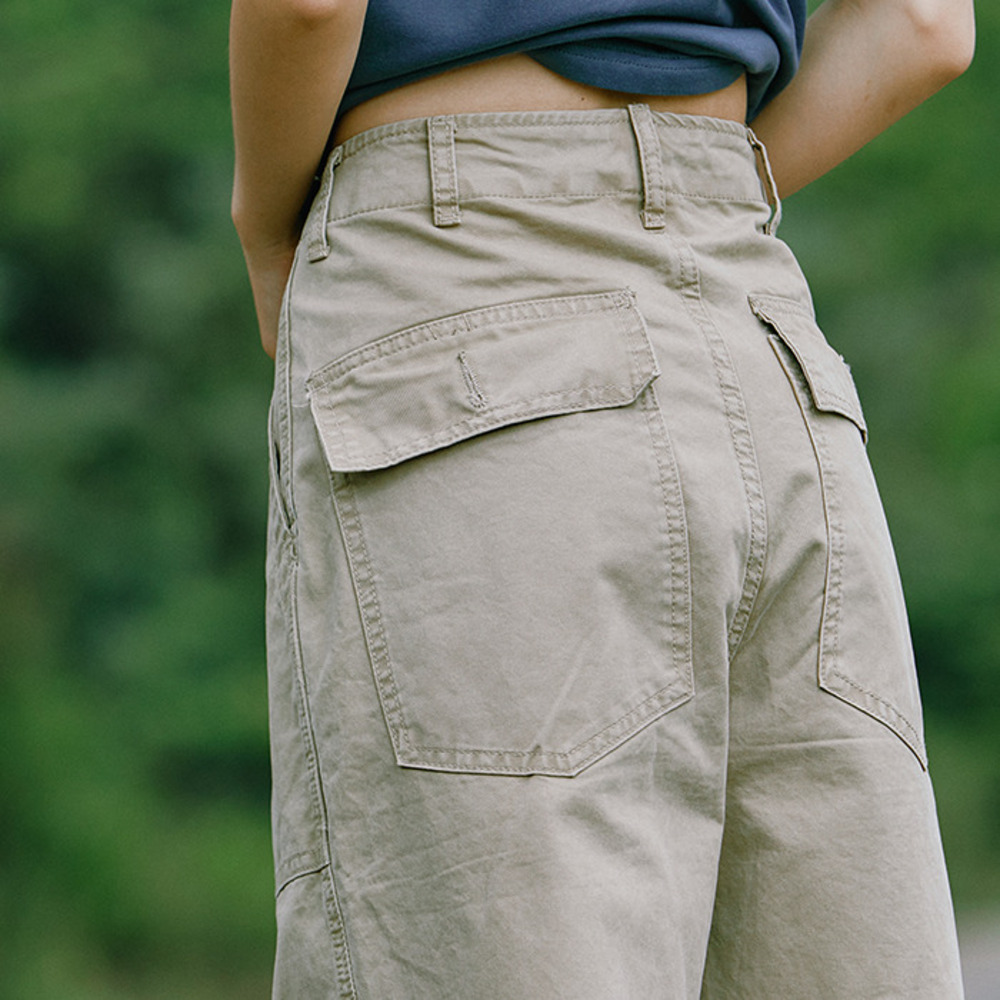 美式復古卡其色直筒工裝褲女百搭休閒褲寬鬆水洗闊腿褲