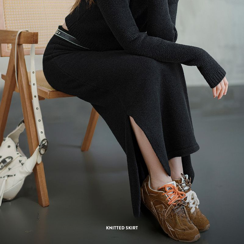 馬登女裝 美式針織半身裙設計感修身開叉包臀裙一步長裙秋冬