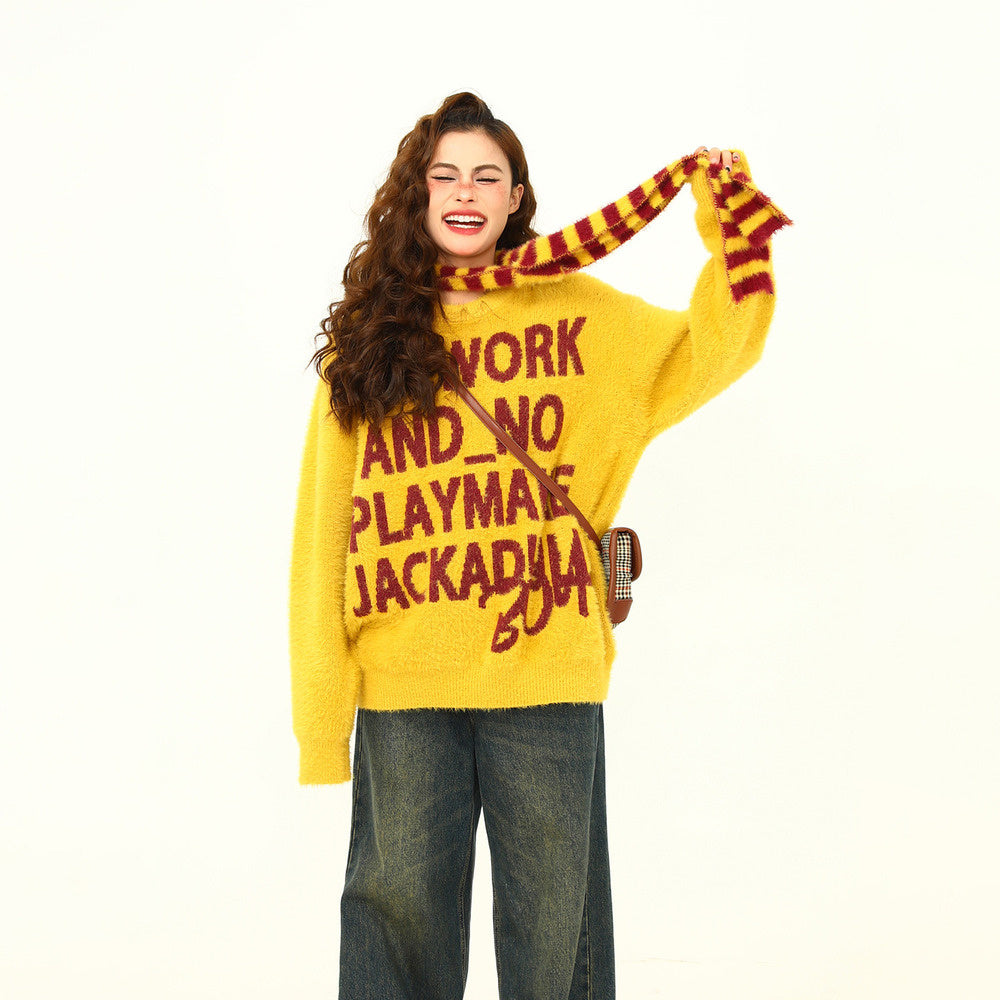 美式復古字母提花氛圍感圍巾針織衫毛衣女秋冬慵懶風寬鬆上衣