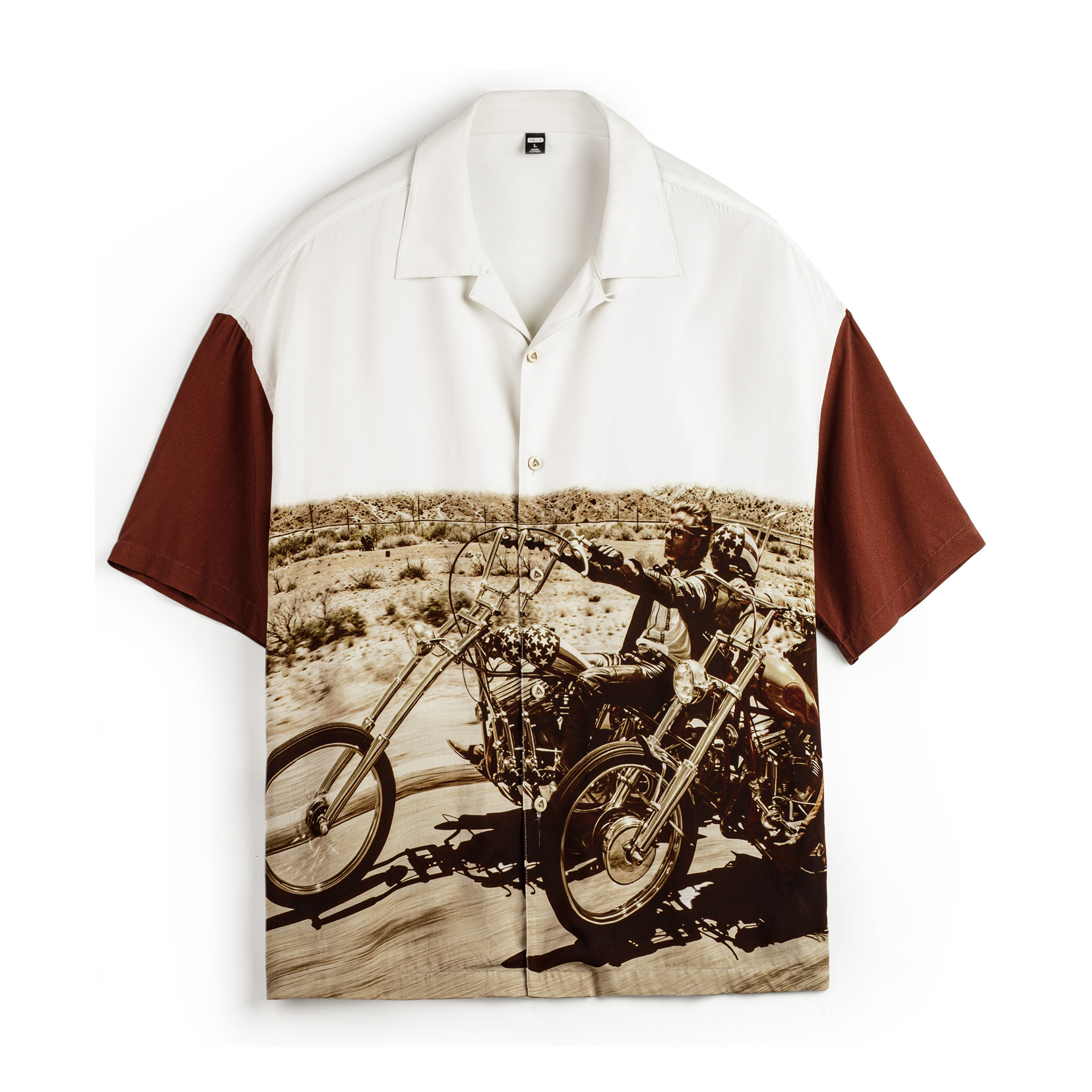 馬登工裝 美式復古撞色古巴領襯衫垂感滿印花襯衣薄款短袖外套男夏