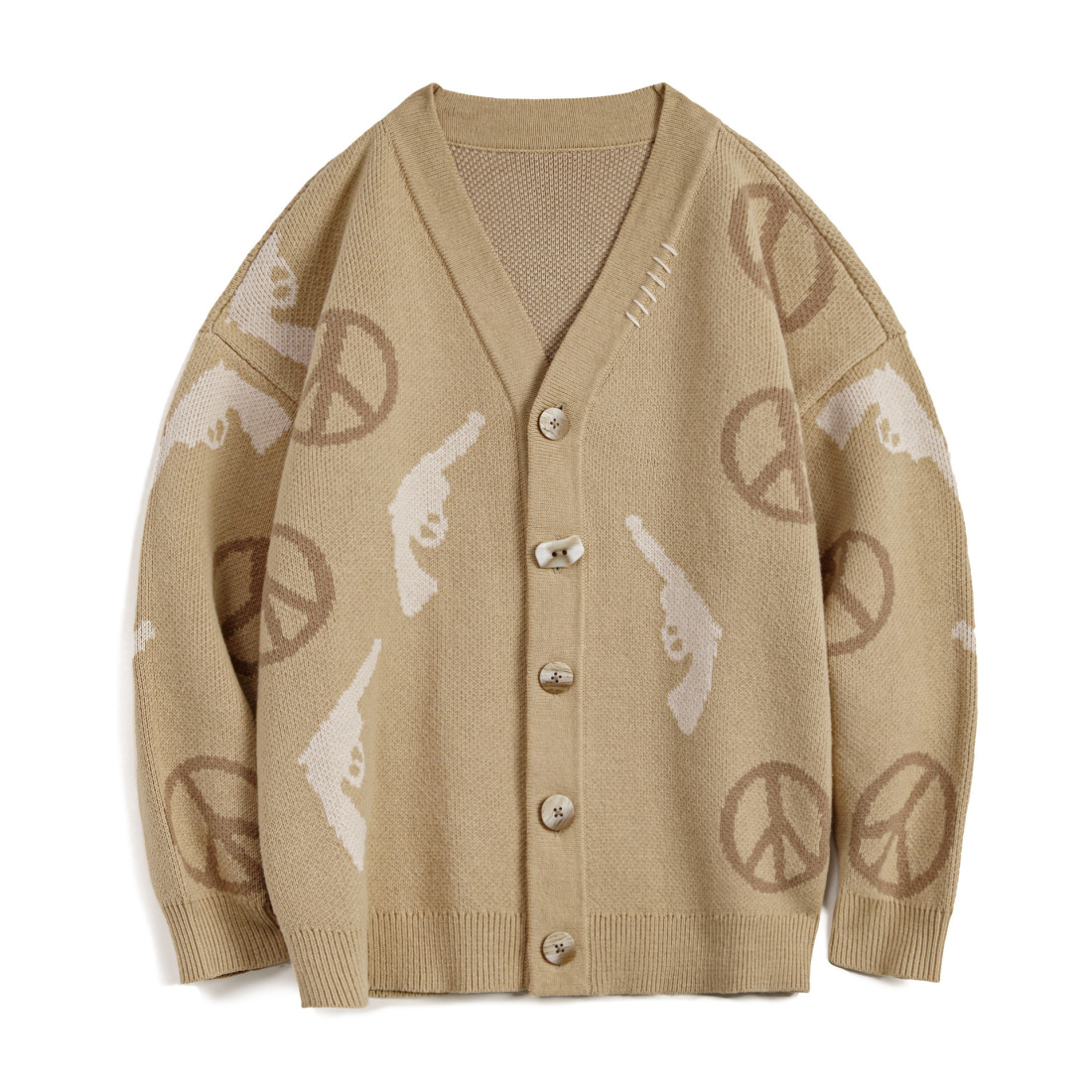 馬登女裝 復古卡其色大V領寬鬆外穿毛衣提花針織開衫外套上衣秋冬