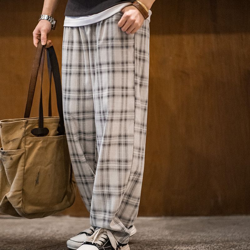 馬登工裝 美式復古束脚闊腿格子褲色織寬鬆薄款抽繩直筒休閒褲男春夏