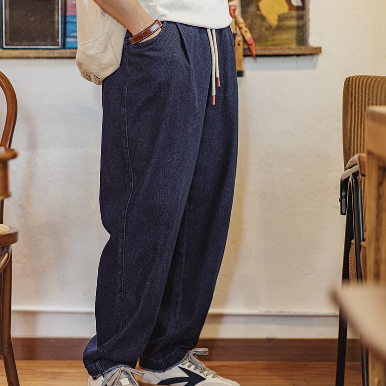 馬登工裝 美式休閒Jogger丹寧牛仔褲vibe鬆緊腰抽繩水洗直筒褲男秋