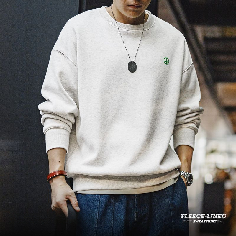 馬登工裝 美式休閒圓領加絨衛衣基礎寬鬆落肩打底上衣男秋冬季