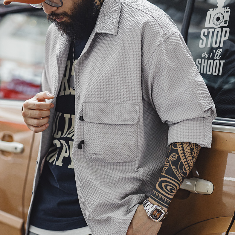 馬登工裝 山系戶外古巴領泡泡紗長袖襯衫免燙抗皺口袋襯衣男秋