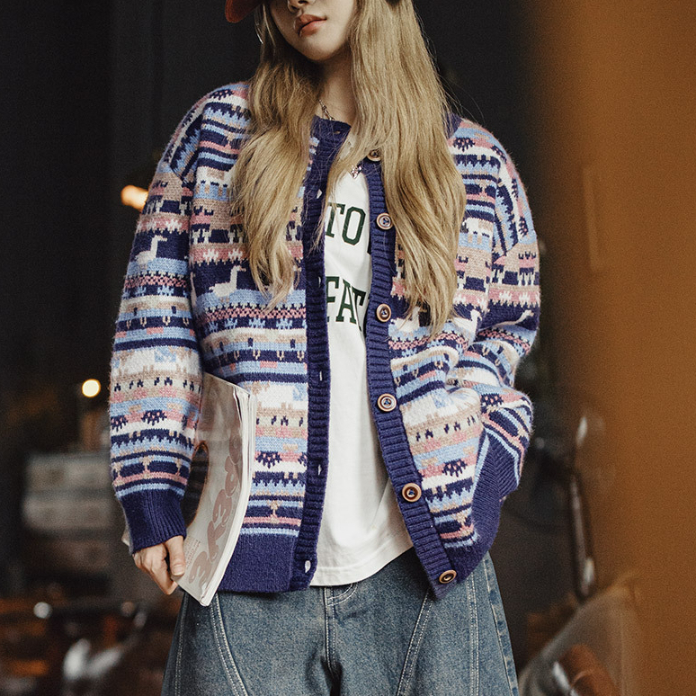 馬登女裝 動物圖案復古寬鬆加厚費爾島針織提花毛衣開衫外套上衣秋冬