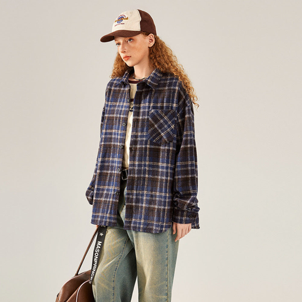 美式復古粉色格子長袖襯衫女秋寬鬆休閒慵懶襯衣外套