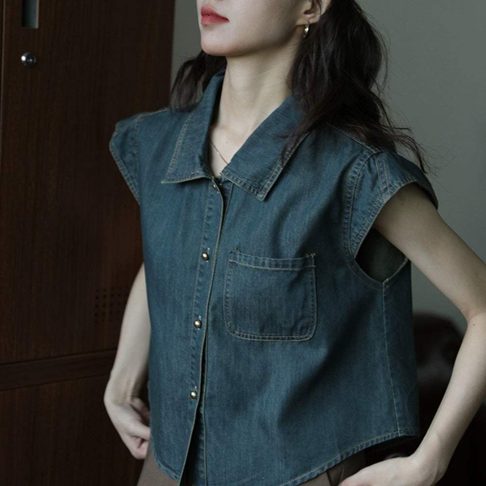 牛仔深藍色百搭簡約氣質復古設計感無袖襯衫女時尚上衣