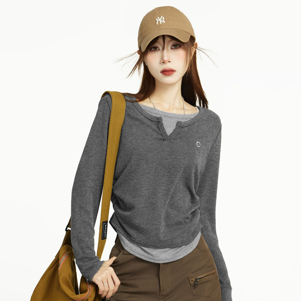 V領假兩件長袖T恤女春秋設計感小眾修身正肩打底衫上衣