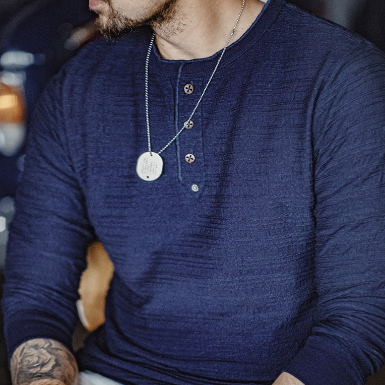 馬登工裝 美式復古提花針織牛仔亨利衫Vintage硬漢修身長袖T恤男秋