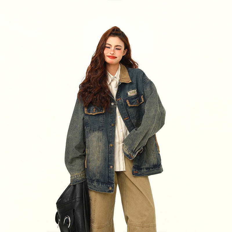 美式復古拼接設計感翻領水洗牛仔外套寬鬆情侶工裝機車夾克