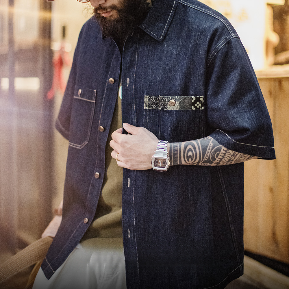 馬登工裝 美式復古Boro丹寧回潮牛仔襯衣日系藍染翻領襯衫外套