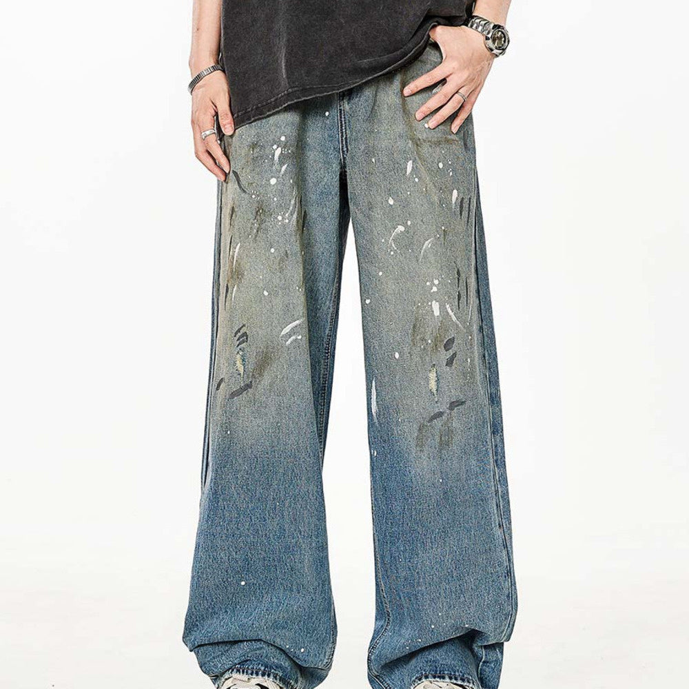 紮染潑墨直筒牛仔褲女美式高街做舊寬鬆拖地闊腿褲