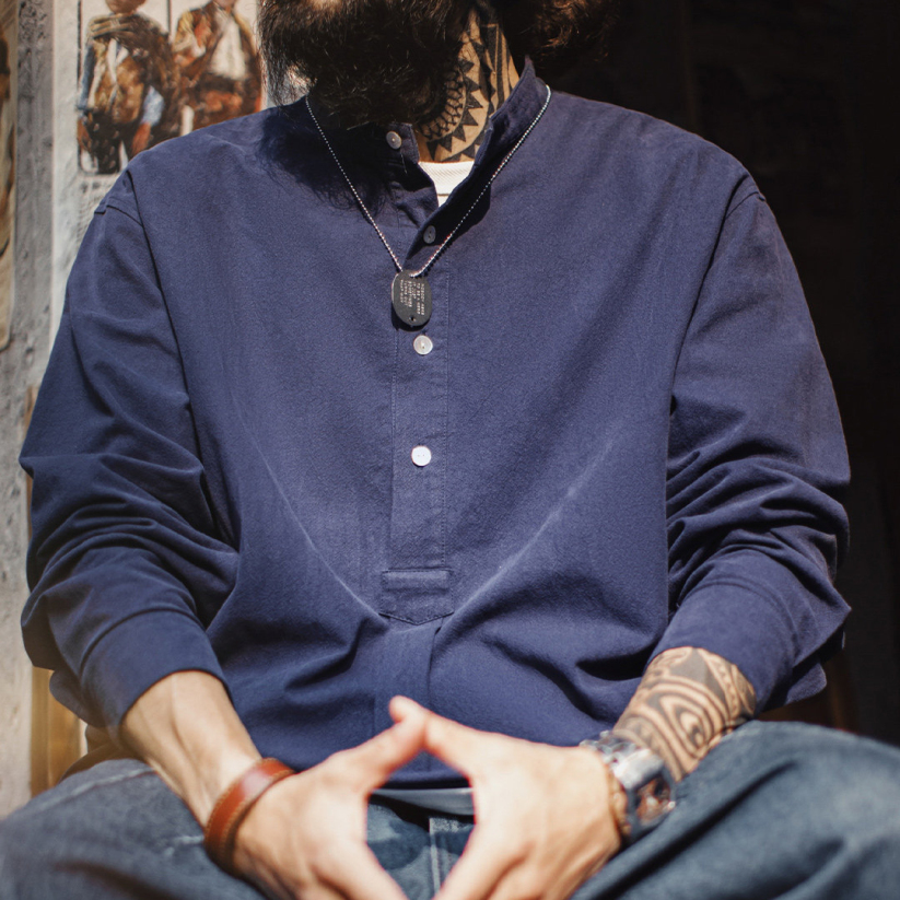 馬登工裝 美式復古小立領長袖襯衫藏青色外穿純棉半高領T恤男春