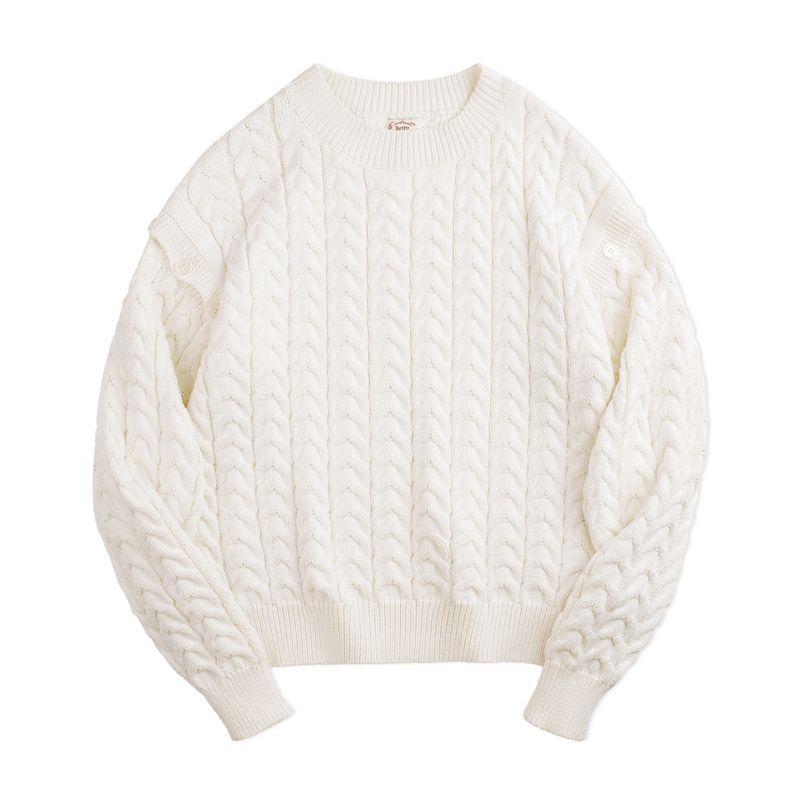 馬登女裝 可拆卸袖子絞花毛衣復古奶油白慵懶麻花針織衫秋冬