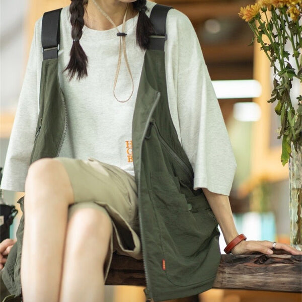 馬登女裝 復古多口袋尼龍馬甲背心外套戶外機能工裝兩用挎包