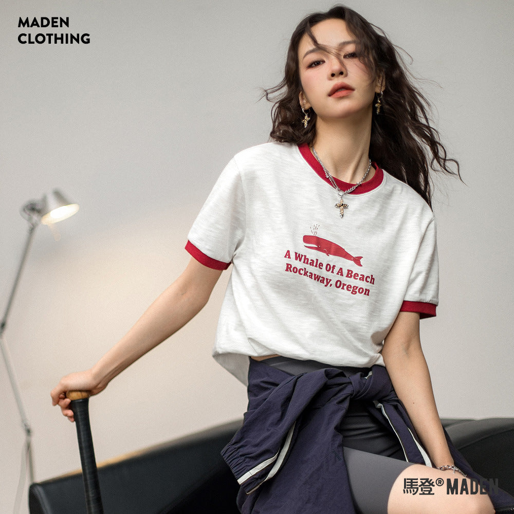 馬登女裝 休閒寬鬆字母印花圓領T恤撞色羅紋顯瘦打底衫