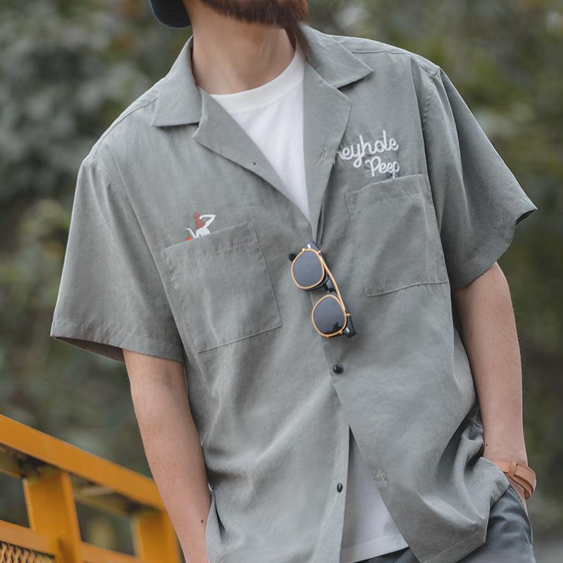 馬登工裝 美式復古桃皮絨古巴領短袖襯衫阿美咔嘰春夏寬鬆襯衣