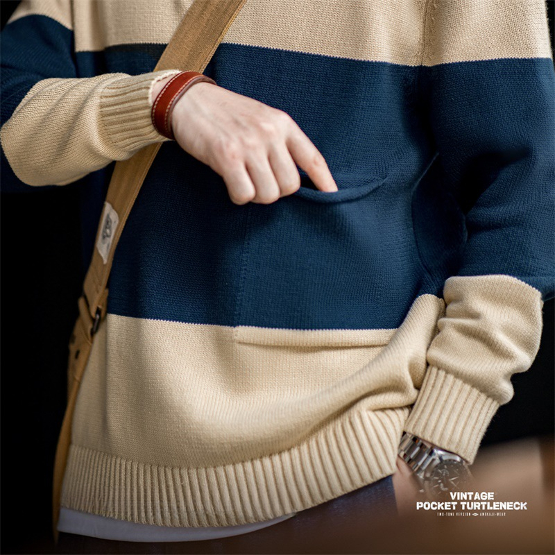 馬登工裝 美式復古高領編織毛衣撞色條紋套頭保暖打底針織衫男秋冬