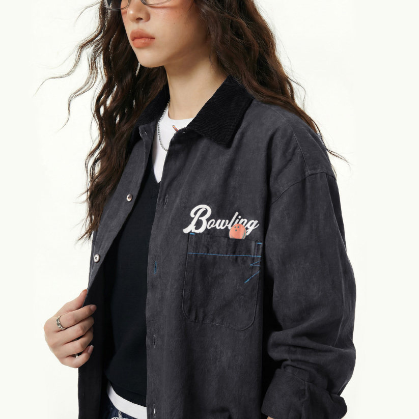 馬登女裝 黑色復古桃皮絨古巴領襯衫印花外套長袖襯衣內搭疊穿女士春