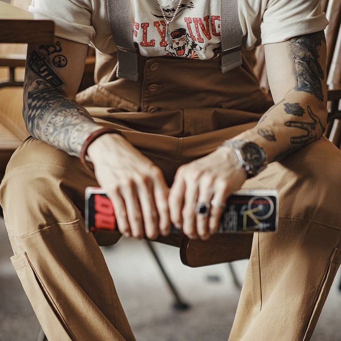 馬登工裝 美式復古寬鬆BF直筒背帶褲阿美哢嘰休閒連體吊帶長褲子