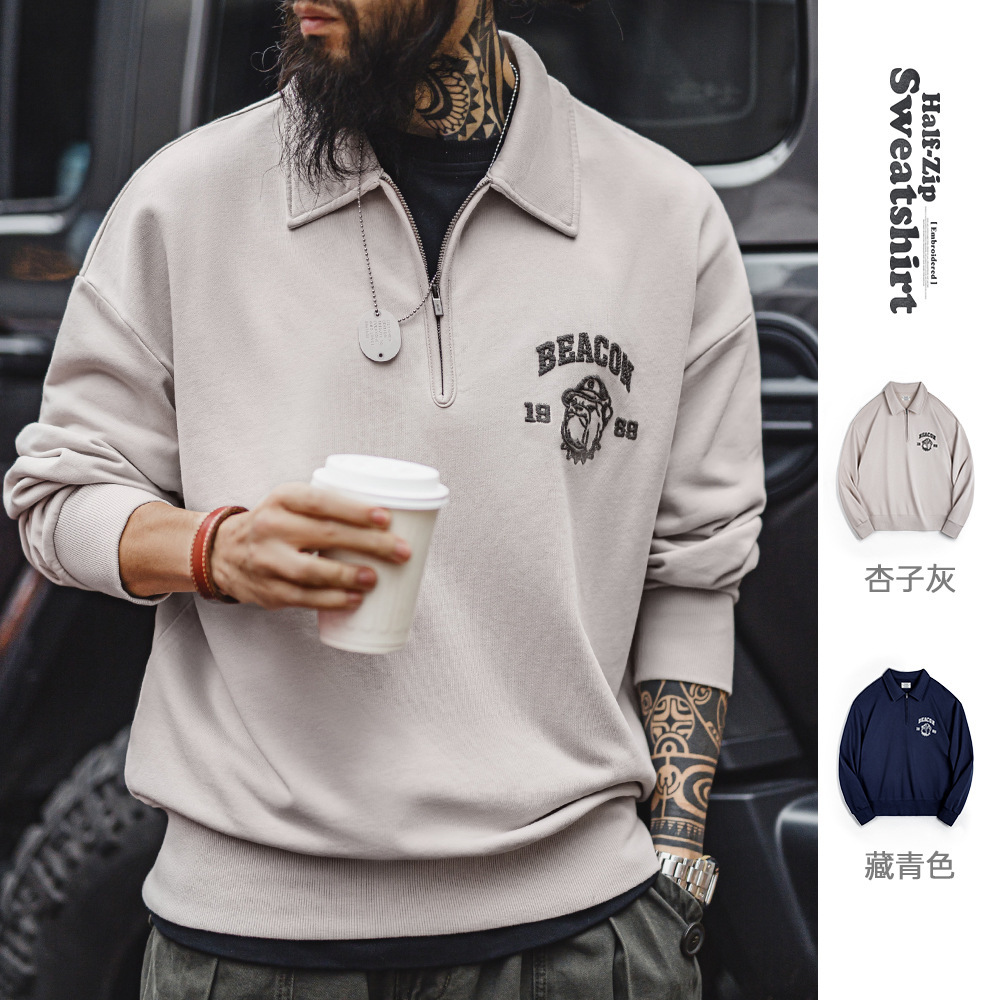 馬登工裝 美式復古立體刺繡半開襟衛衣休閒翻領套頭Polo衫上衣男春秋