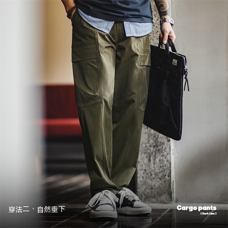 馬登工裝 美式復古多口袋人字紋休閒褲vibe軍綠色直筒工裝褲