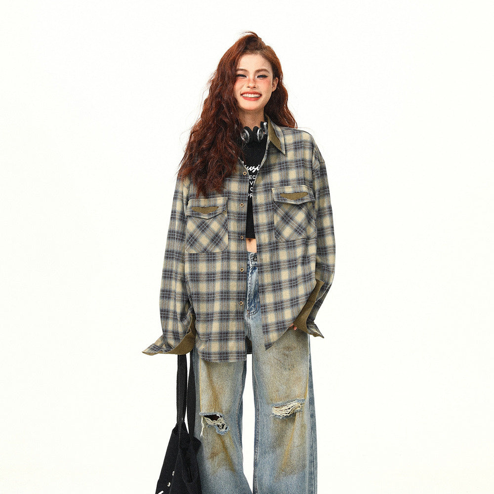 美式復古拼接撞色設計感秋季格子長袖襯衫外套女寬鬆百搭襯衣外套