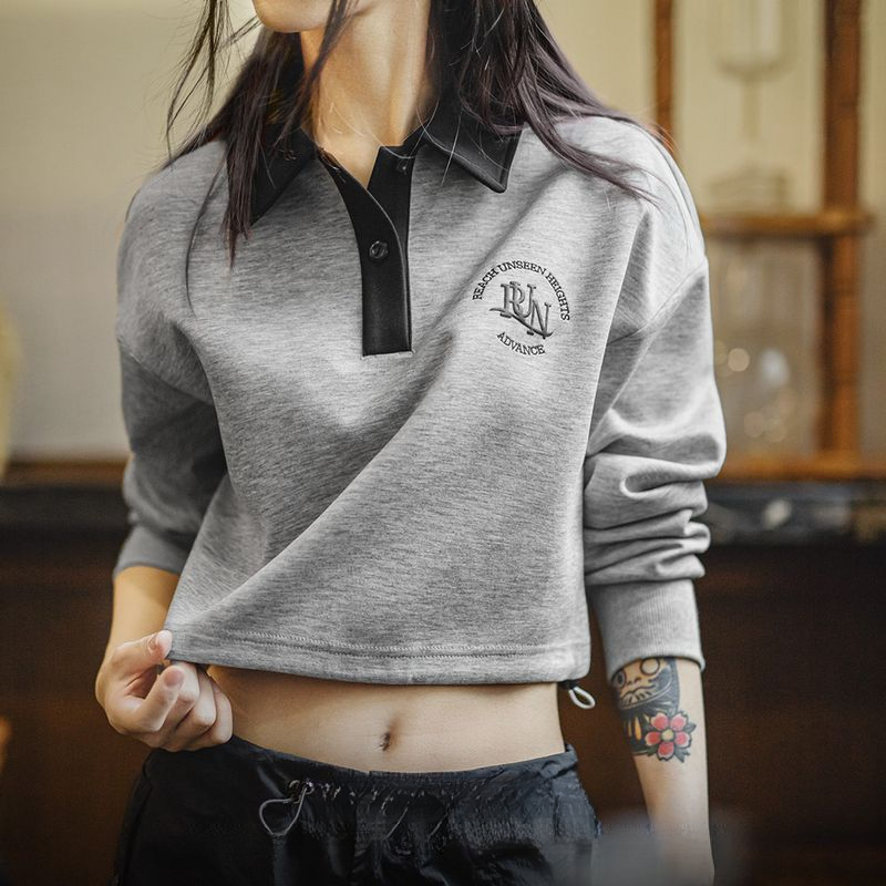 馬登女裝 復古格雷系空氣層運動Polo領衛衣健身長袖春季上衣