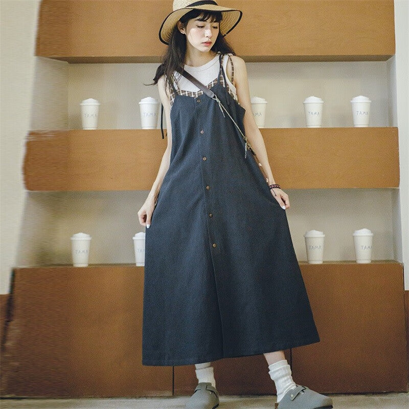 馬登女裝 復古格紋拼接背帶裙寬鬆顯瘦吊帶A字連衣長裙