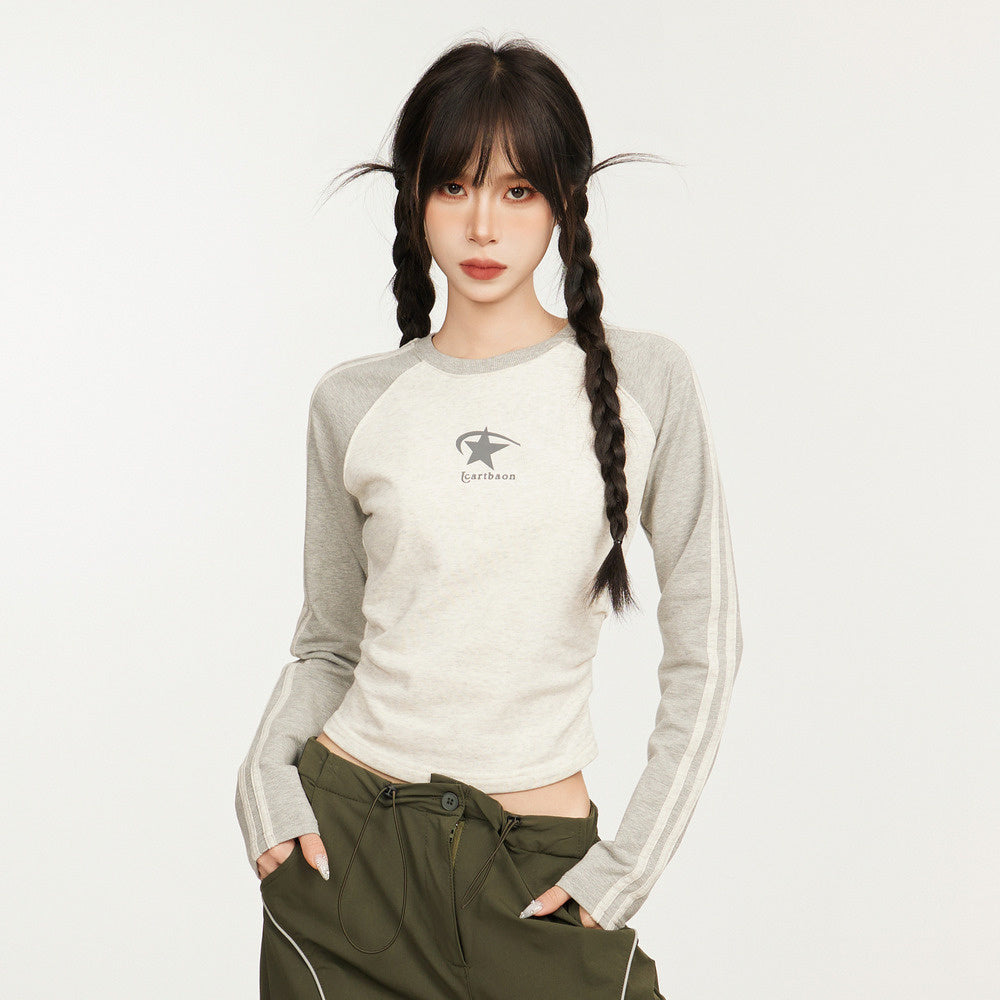 美式辣妹插肩長袖T恤女春秋季內搭打底修身顯瘦純棉上衣