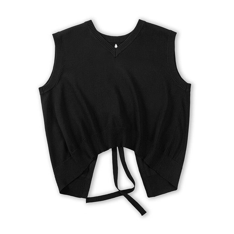 馬登女裝 法式休閒V領疊穿針織馬甲無袖露背系帶慵懶風坎肩上衣