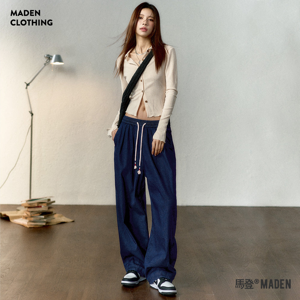 馬登女裝 冰絲牛仔褲鬆緊腰抽繩凉感直筒褲氣質顯瘦長褲