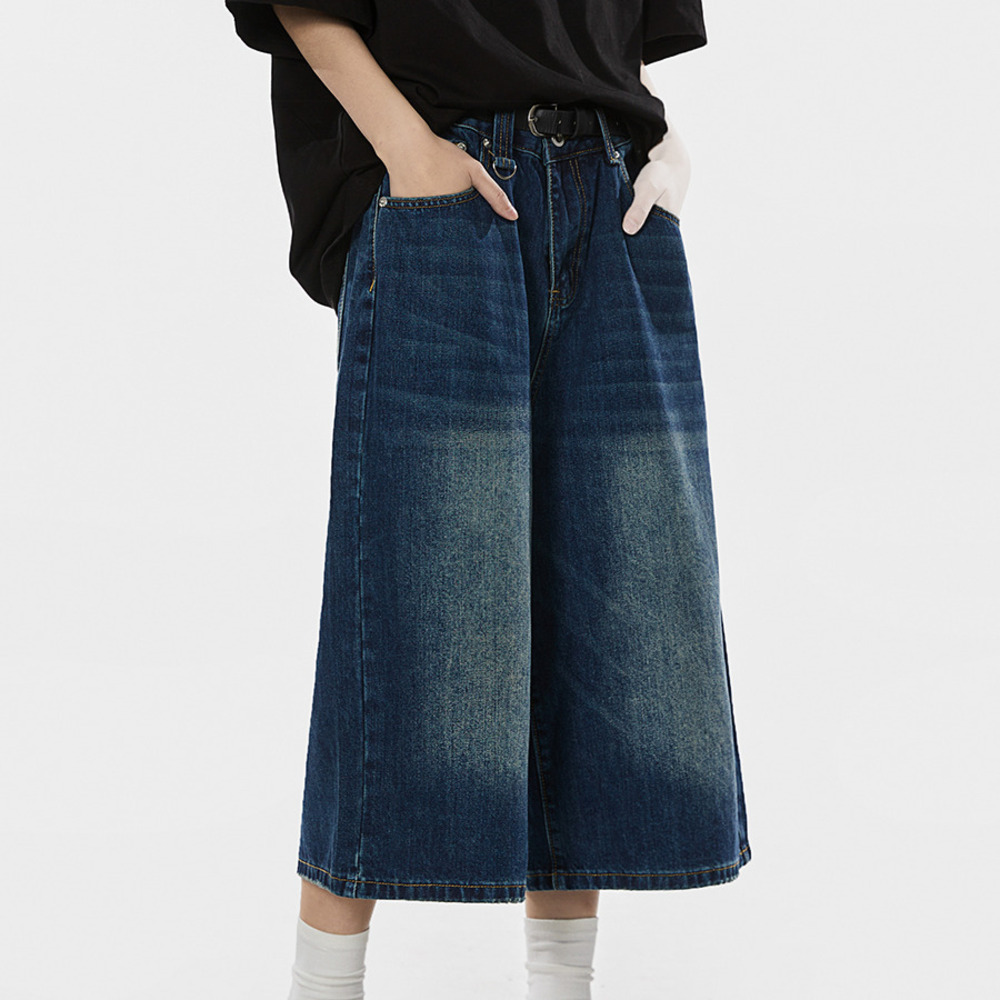 美式復古水洗牛仔中褲女夏季廓形牛仔短褲闊腿七分褲