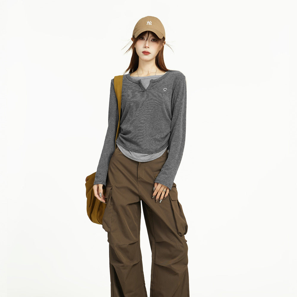 V領假兩件長袖T恤女春秋設計感小眾修身正肩打底衫上衣