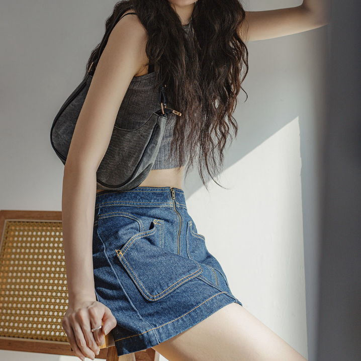 馬登女裝 復古拼接牛仔短裙修身百搭拉鍊設計感牛仔藍A字半身短裙