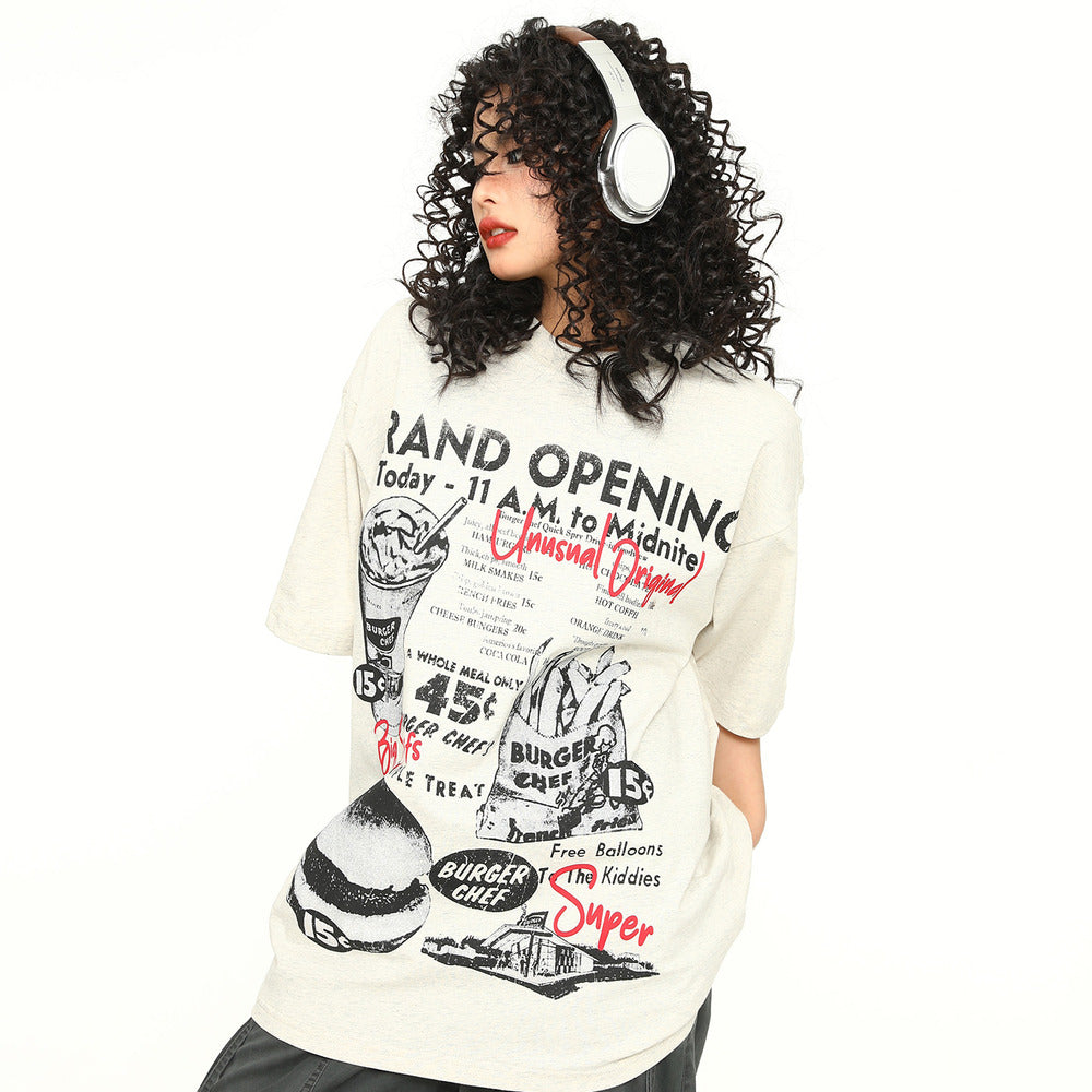 美式復古手繪印花短袖T恤Vintage寬鬆上衣潮