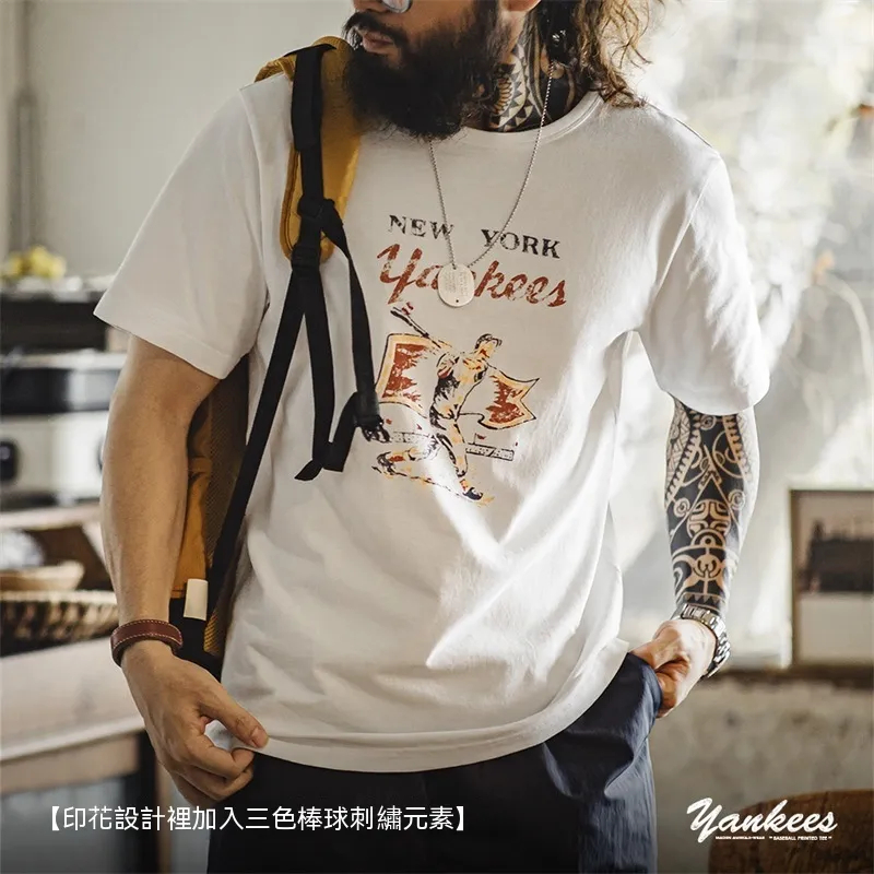 馬登工裝 美式復古棒球字母印花T恤純棉圓領正肩短袖打底衫男春夏