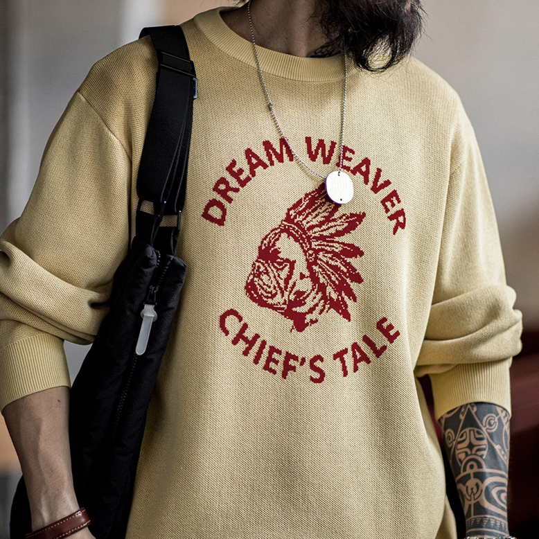 馬登工裝 美式復古仿亞麻字母撞色毛衣阿美哢嘰套頭圓領針織衫男秋冬