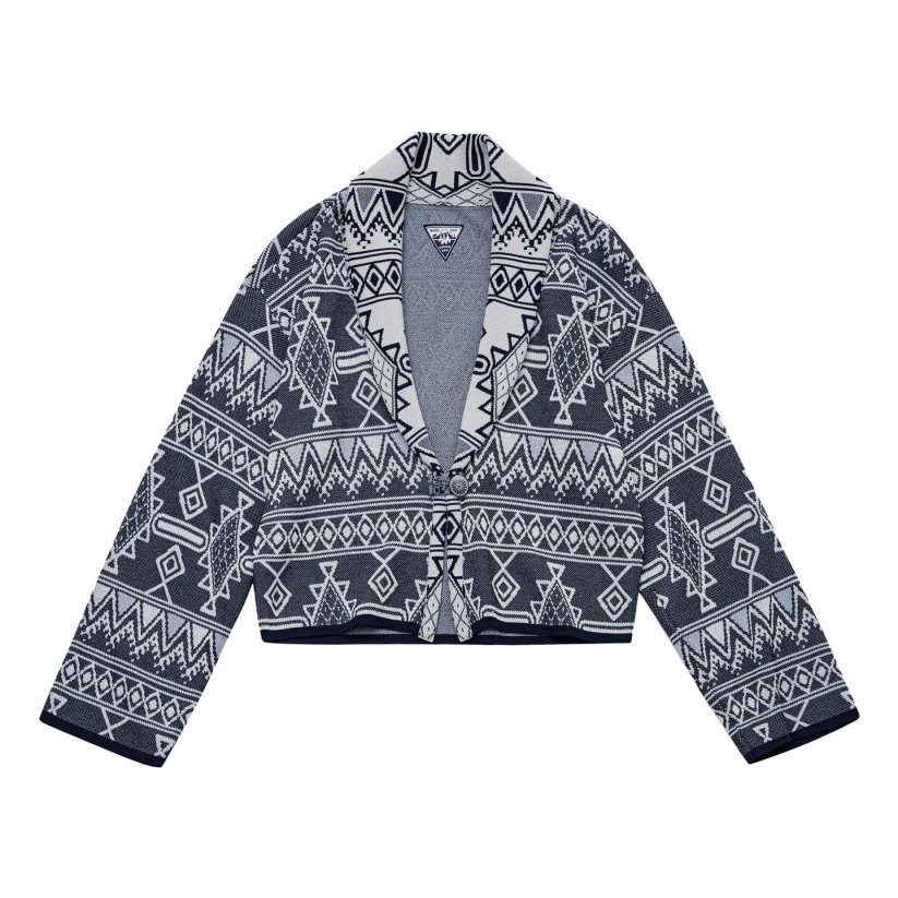 馬登女裝 復古納瓦霍西裝翻V領老錢風提花針織毛衣開衫薄短款外套春秋