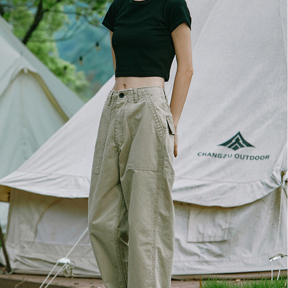 美式復古卡其色直筒工裝褲女百搭休閒褲寬鬆水洗闊腿褲