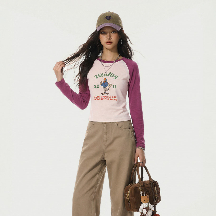 馬登女裝 美式萊賽爾撞色修身顯瘦印花長袖T恤打底衫上衣女春